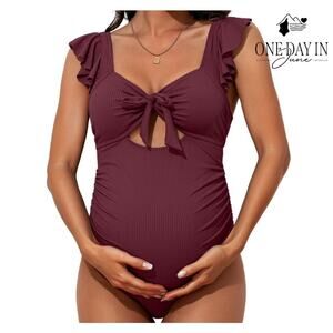 Charmo Maternity Ruffle Shoulder Ribbed Cut Out One Piece Swimsuit Size XL